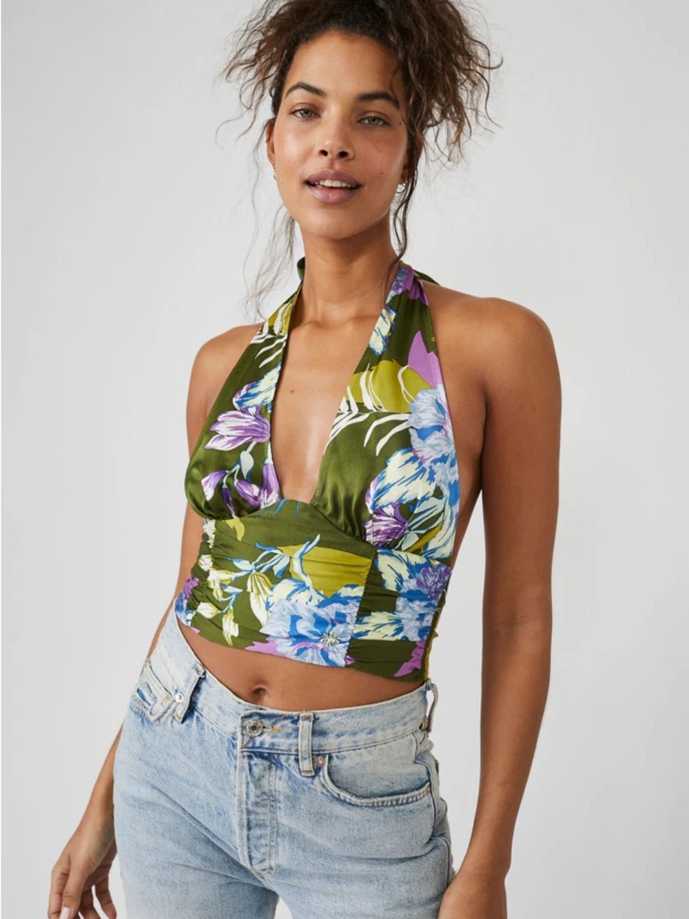 Free People Seraphina Halter Top in Bright Olive Combo